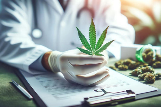 Ein Arzt hält ein Cannabisblatt